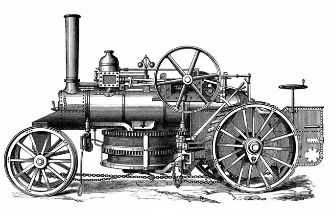 Historical graphic representation, steam plough, agricultural tractor or locomotive powered by a steam engine, 19th Century, from Meyers Konversations...