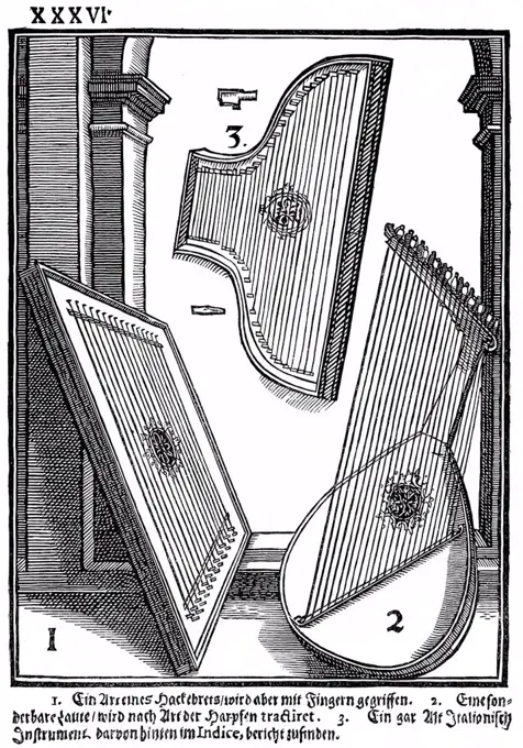 Facsimile of plate No. 26, dulcimer and lute, from the historical and music theoretical literature, Syntagma Musicum, musicological writings of Michae...