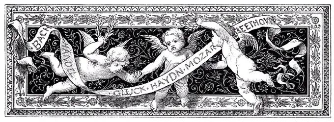 Historical drawing from the 19th Century, decorative banner with putti and a ribbon with the names of classical composers, Bach, Handel, Beethoven and...