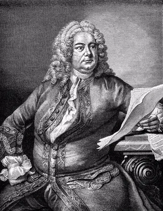 Historical drawing from the 19th Century, portrait of Goerg Friedrich Haendel or George Frideric Handel, 1685-1759, German-British composer of the Bar...