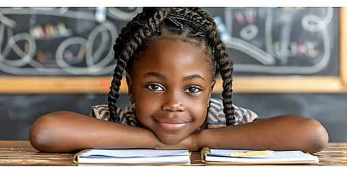 Girl with braided hair resting on books and smiling in a classroom with a chalkboard background, ai generated, AI generated