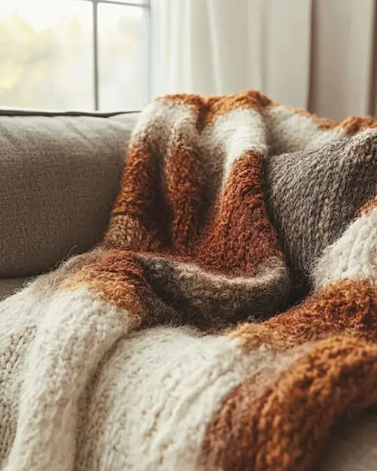 Fluffy autumn throw, chunky knit, laid on a sofa, deep fall colors of brown and orange AI generated