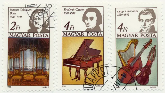 Historic postage stamps, Johann Sebastian Bach, Frederic Chopin, Luigi Cherubini, 1985, Hungary, Europe