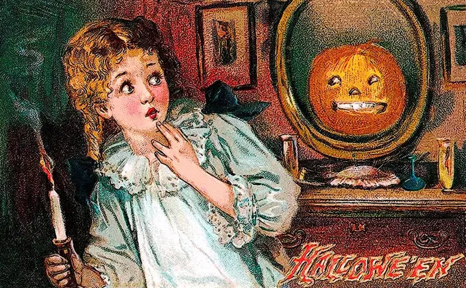 Girl with candle sees a scary pumpkin in the mirror, Halloween, illustration