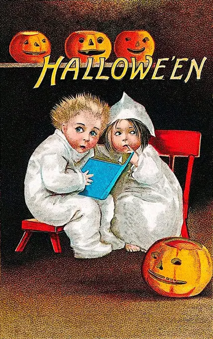 Frightened children sitting on chairs, reading a book, pumpkins, Halloween, illustration