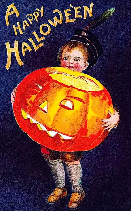 Boy holding a carved pumpkin or Jack-o-lantern in his arms, A happy Halloween, illustration