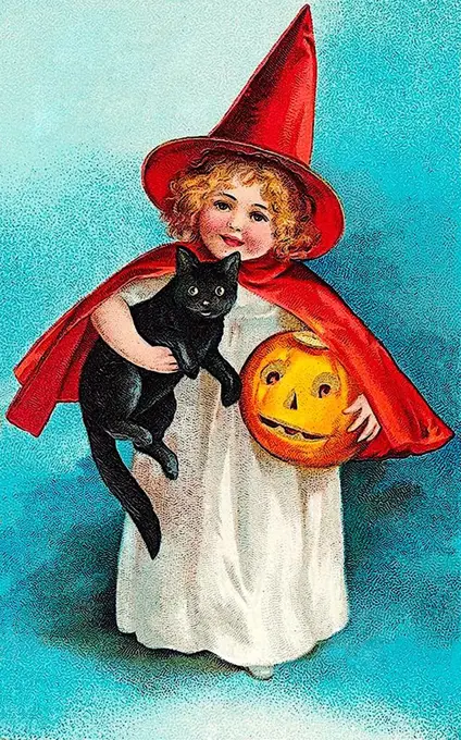 Little witch, child with a red cape and hat holding a black cat and carved pumpkin or Jack-o-lantern in her arms, illustration