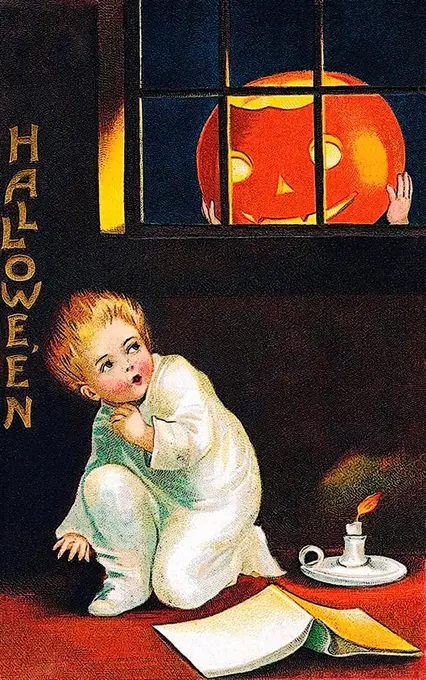 Child with book and candle, pumpkin in the window, scary, Halloween, illustration