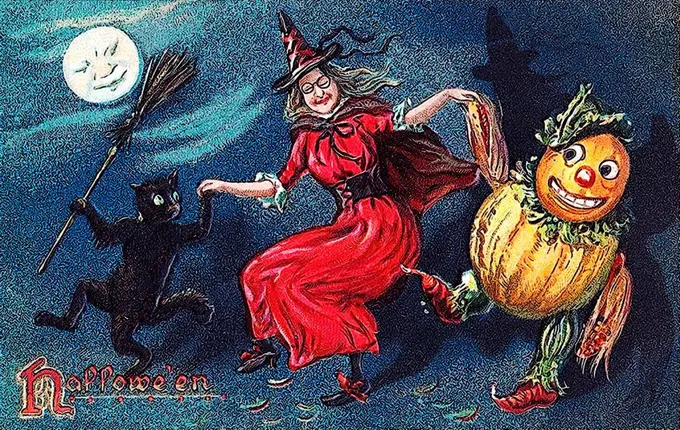 Witch dancing with pumpkin figure and black cat, Halloween, illustration