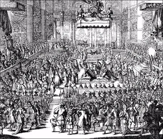 Historic drawing, the coronation ceremony of William III. of Orange-Nassau, 1650 - 1702, at Westminster Abbey on 21st April 1689, governor of the Neth...