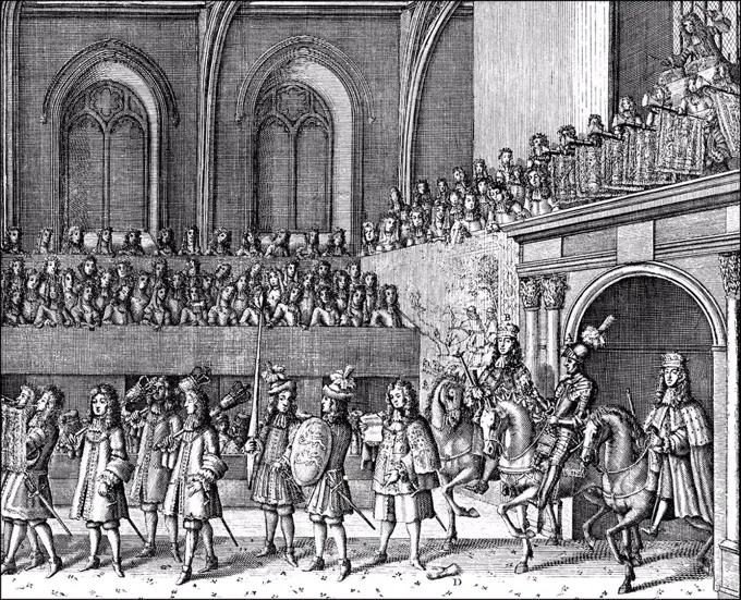 Historic drawing, the coronation ceremony of James II of England, 1633 - 1701, King of England and Ireland, at Westminster Abbey on 23rd April 1685