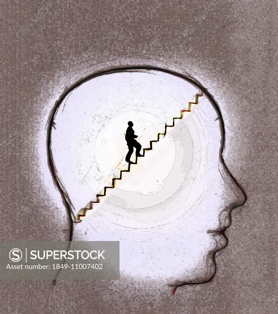 Man climbing stairs inside human head