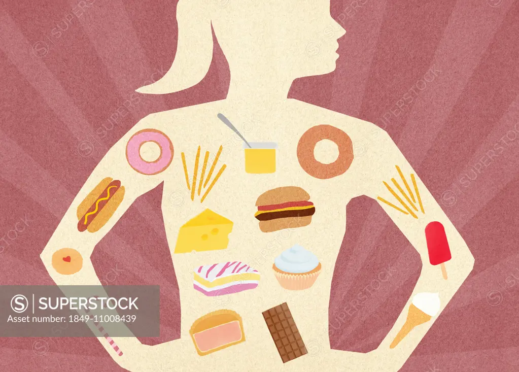 Variety of unhealthy food inside of woman's body