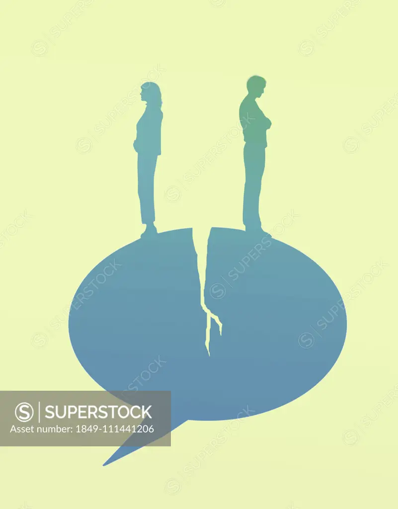 Couple standing on splitting speech bubble