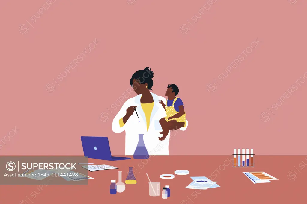 Scientist working in laboratory holding baby