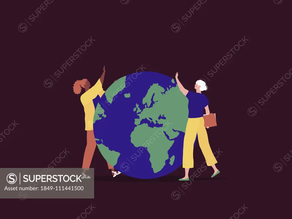 Women waving to each other across the globe