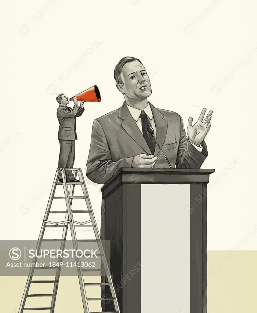 Small man on ladder shouting through bullhorn to businessman public speaking at podium