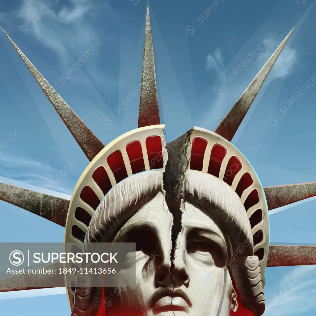 Close up of head of Statue of Liberty cracking