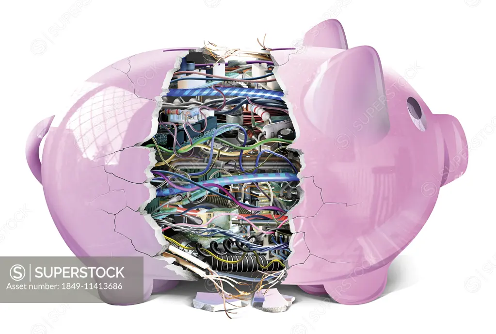 Broken piggy bank revealing complex electronics