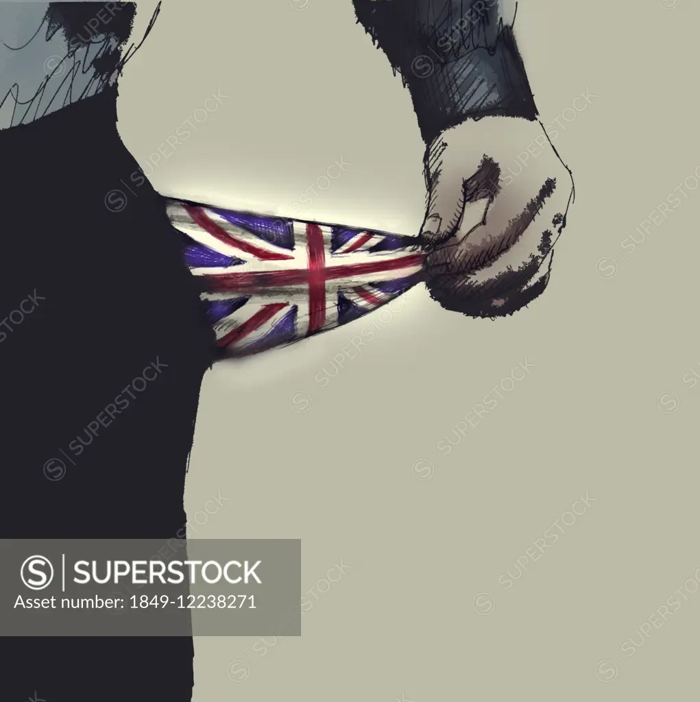 Man with empty British Union Jack flag pocket