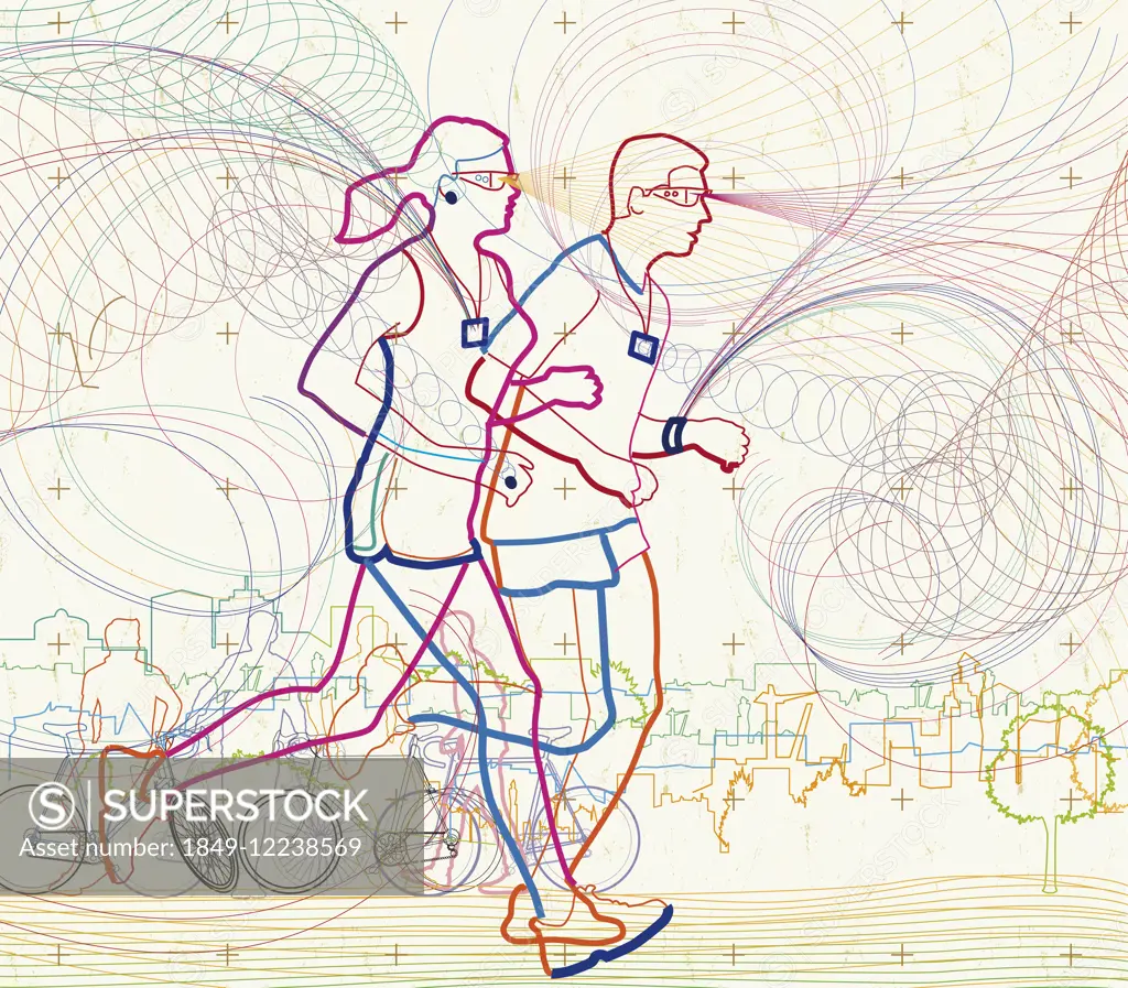 Man and woman running together in city using fitness activity trackers