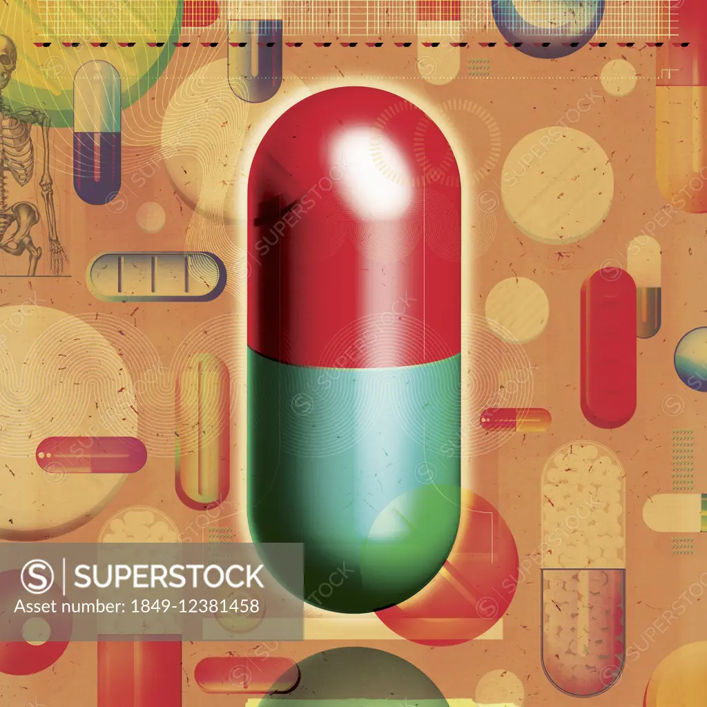 Large capsule standing out from the crowd of various pills and medicine