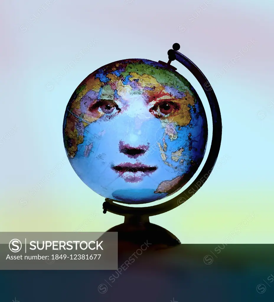 Face of woman on world globe