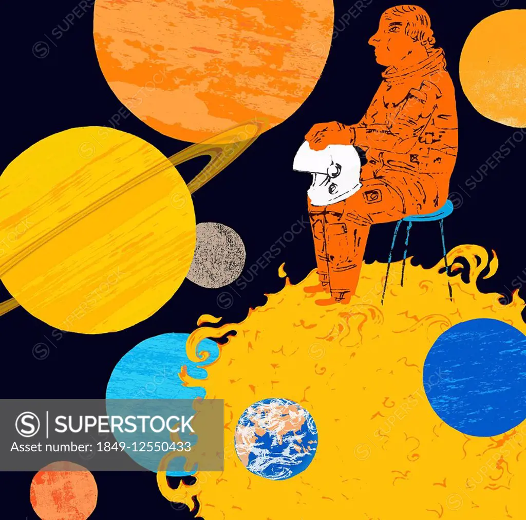 Astronaut sitting on the sun looking up at the solar system