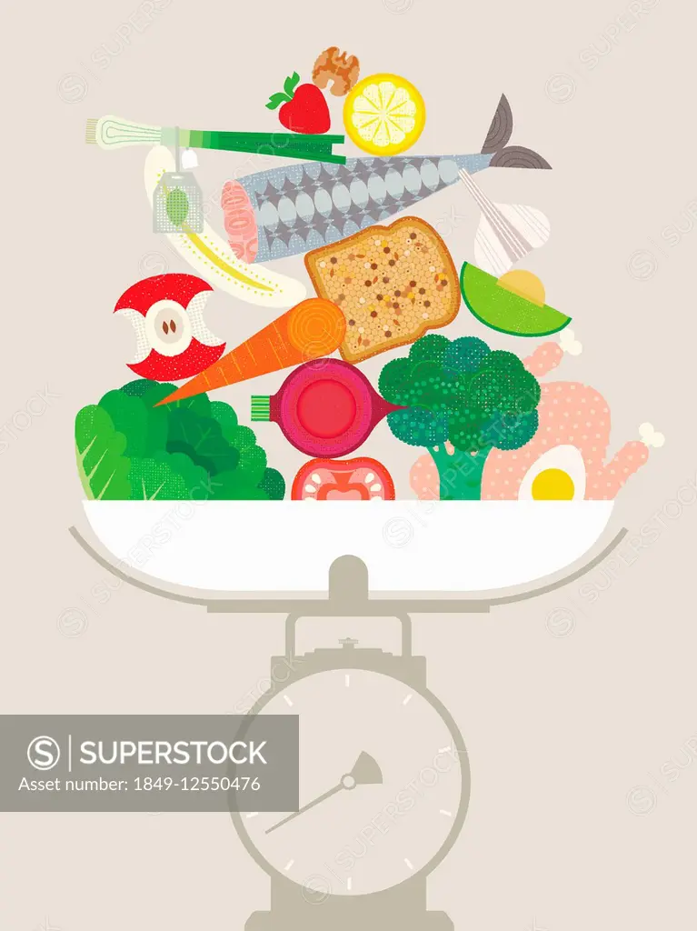 Pile of healthy food on weighing scales