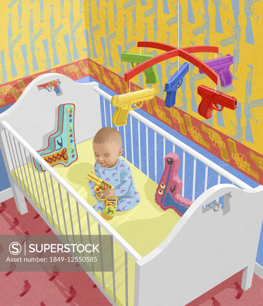 Baby playing with toy gun in nursery decorated in gun pattern