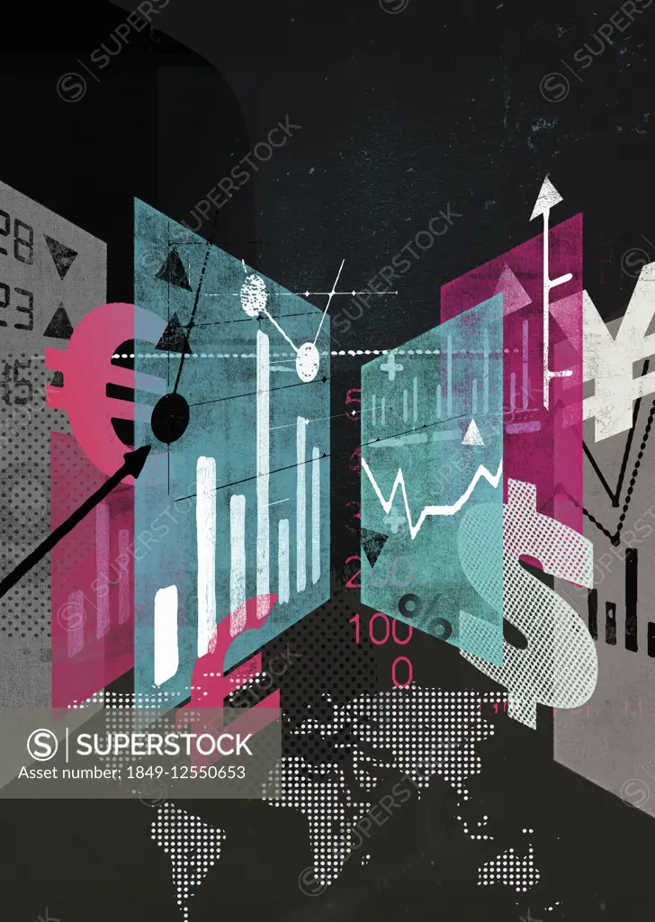 Currency symbols, graphs and world map