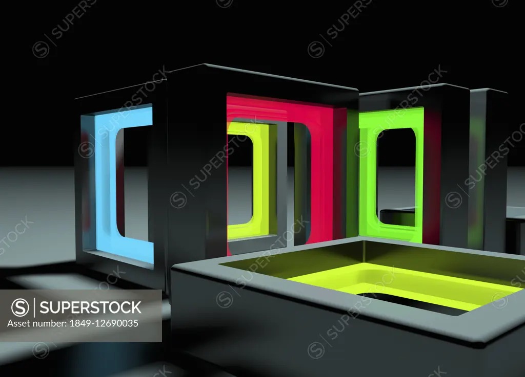 Abstract three dimensional maze pattern of open doorways