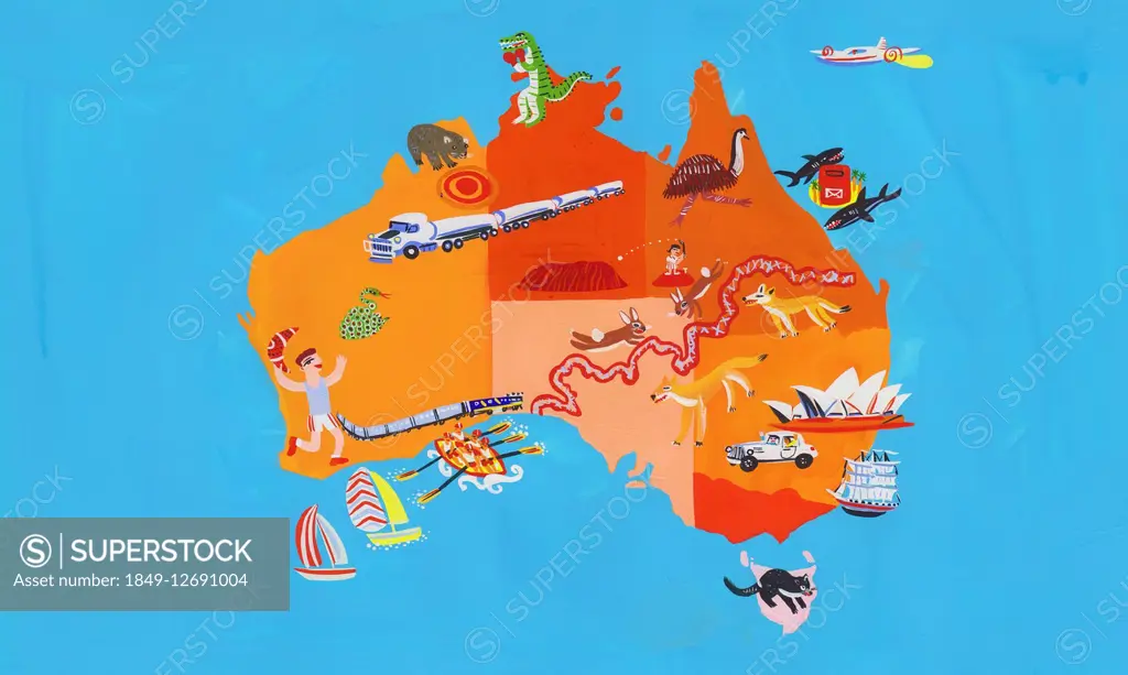 Illustrated tourism map of Australia and Tasmania