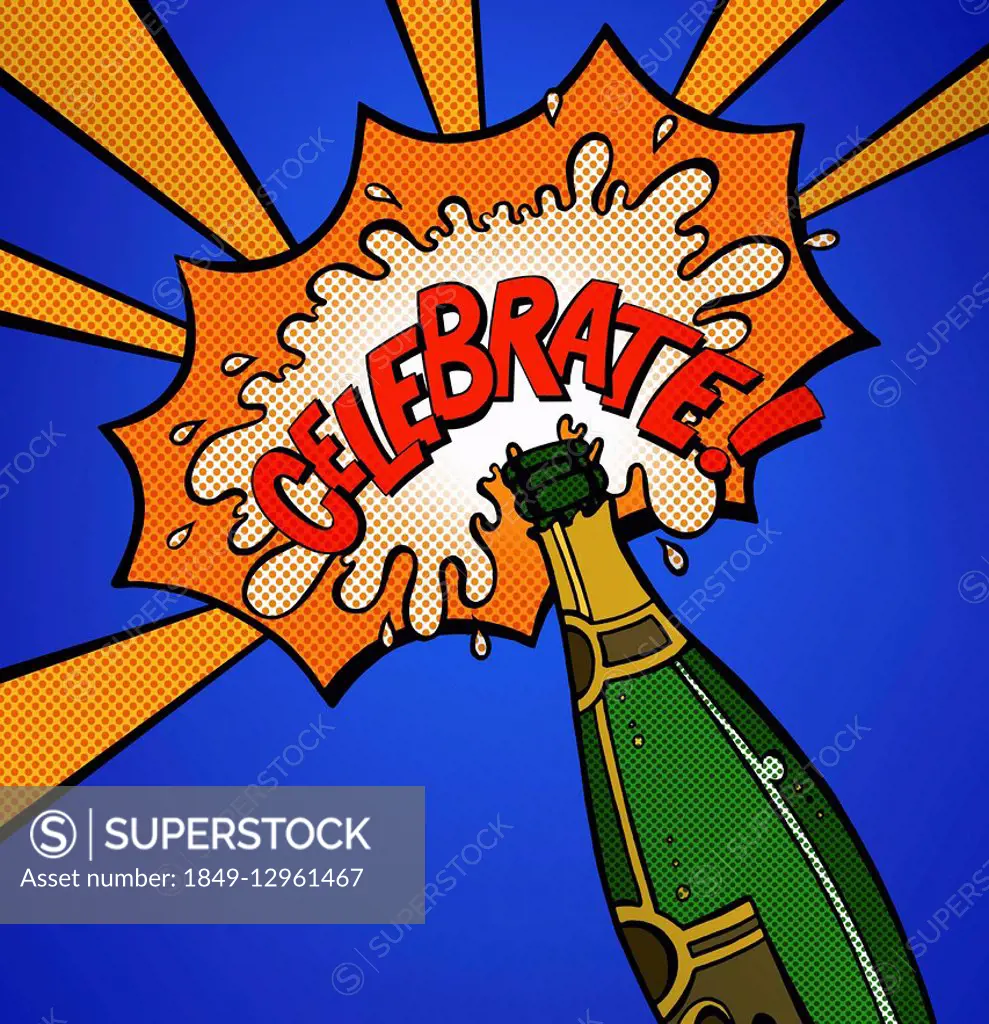 Exploding bottle of champagne with single word celebrate in speech bubble