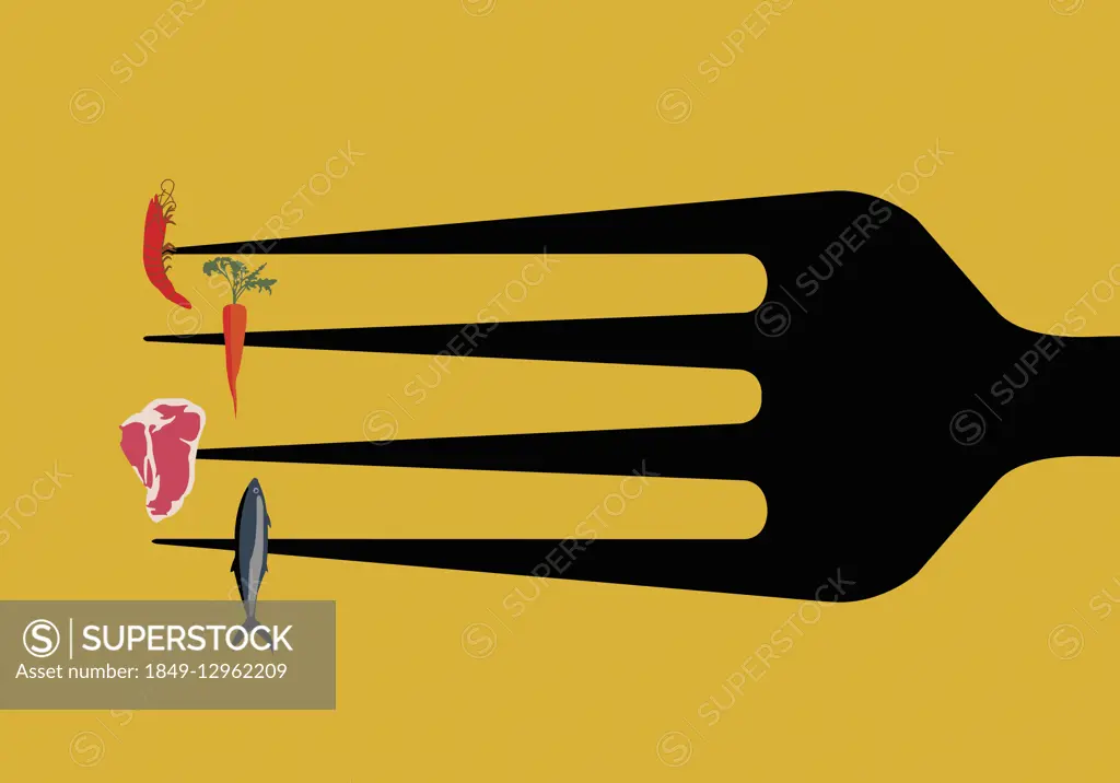 Large fork with different food on each prong