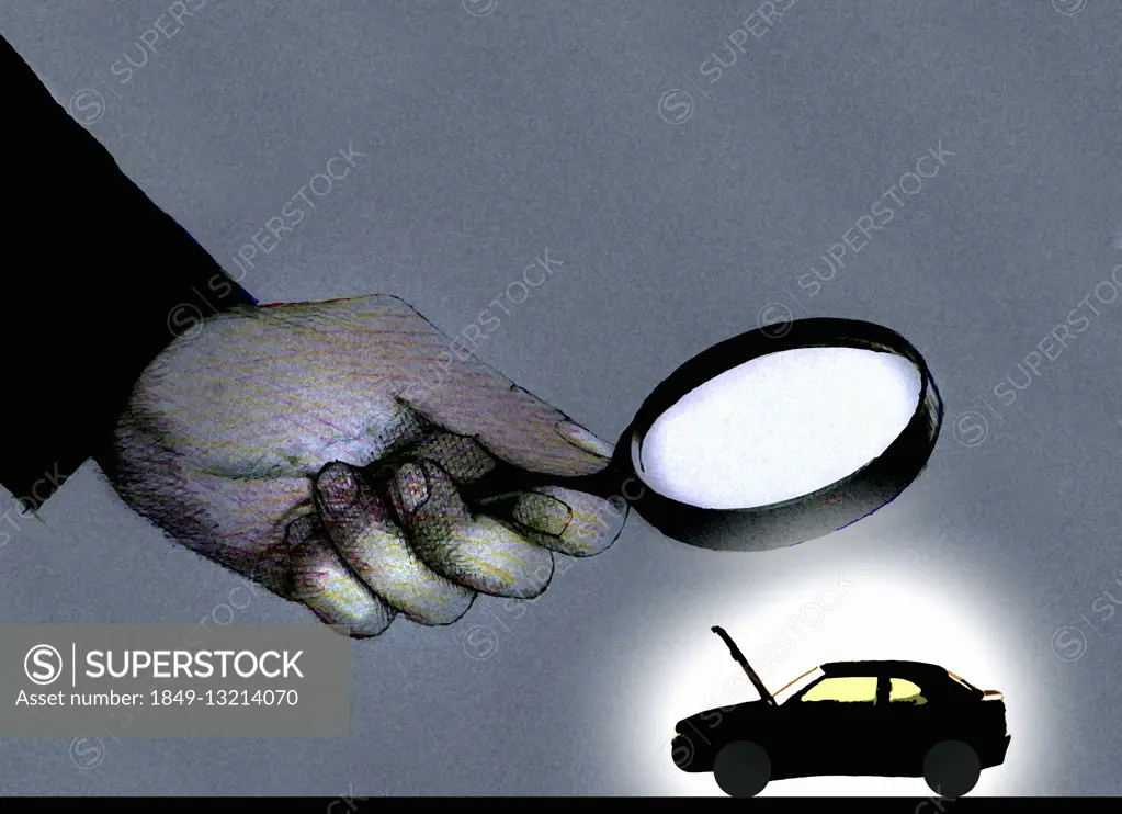 Hand holding magnifying glass over car with open bonnet