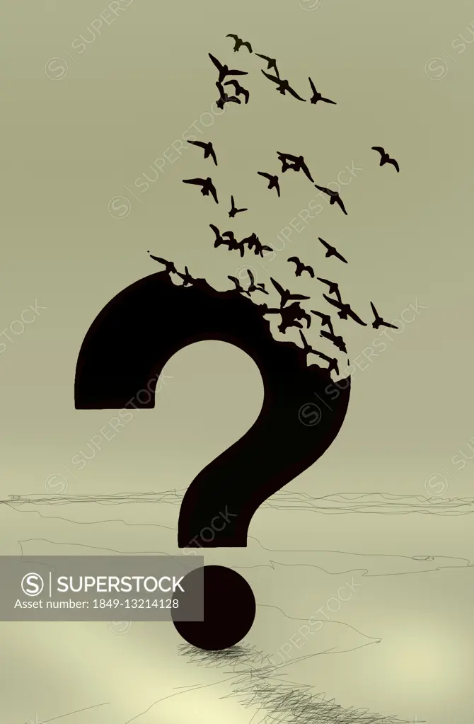 Flock of birds flying away from breaking up question mark