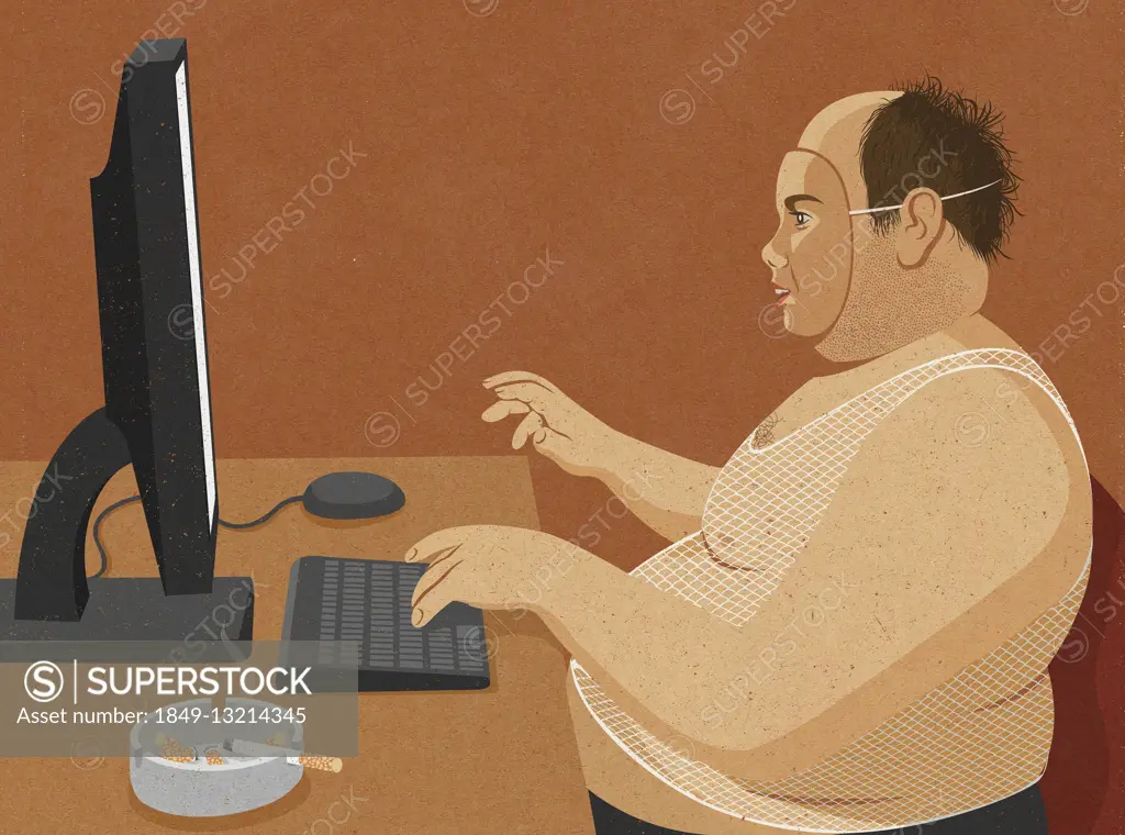 Overweight unkempt middle aged man wearing mask pretending to be teenage girl on the internet