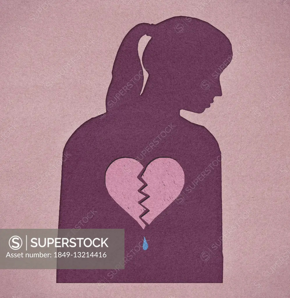 Silhouette of woman with a broken heart