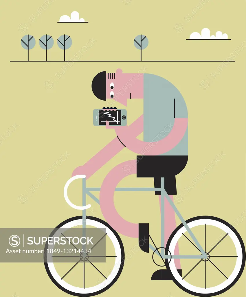 Cyclist checking fitness app on mobile phone