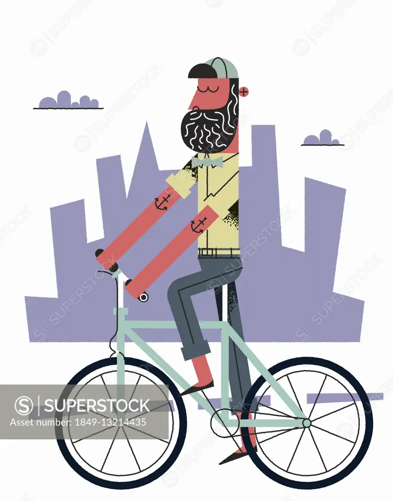 Hipster with beard riding bike in city