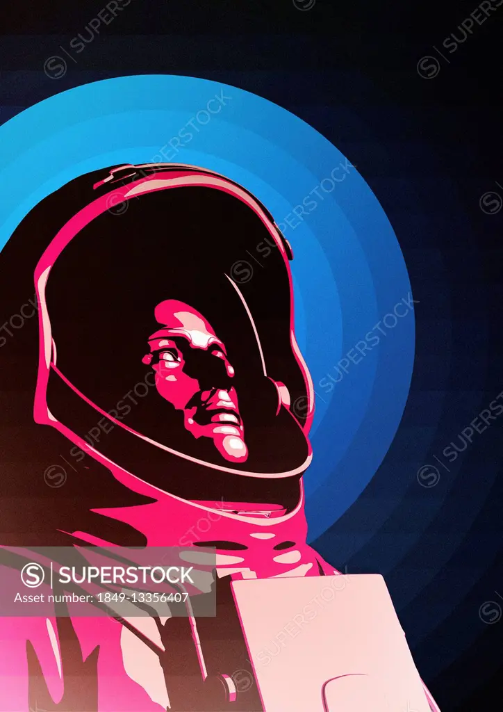 Astronaut wearing space suit looking up to space