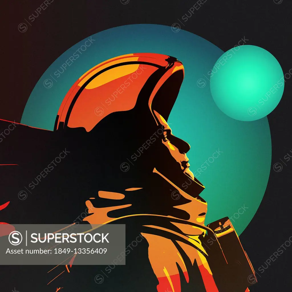 Astronaut wearing space suit looking up to glowing planet