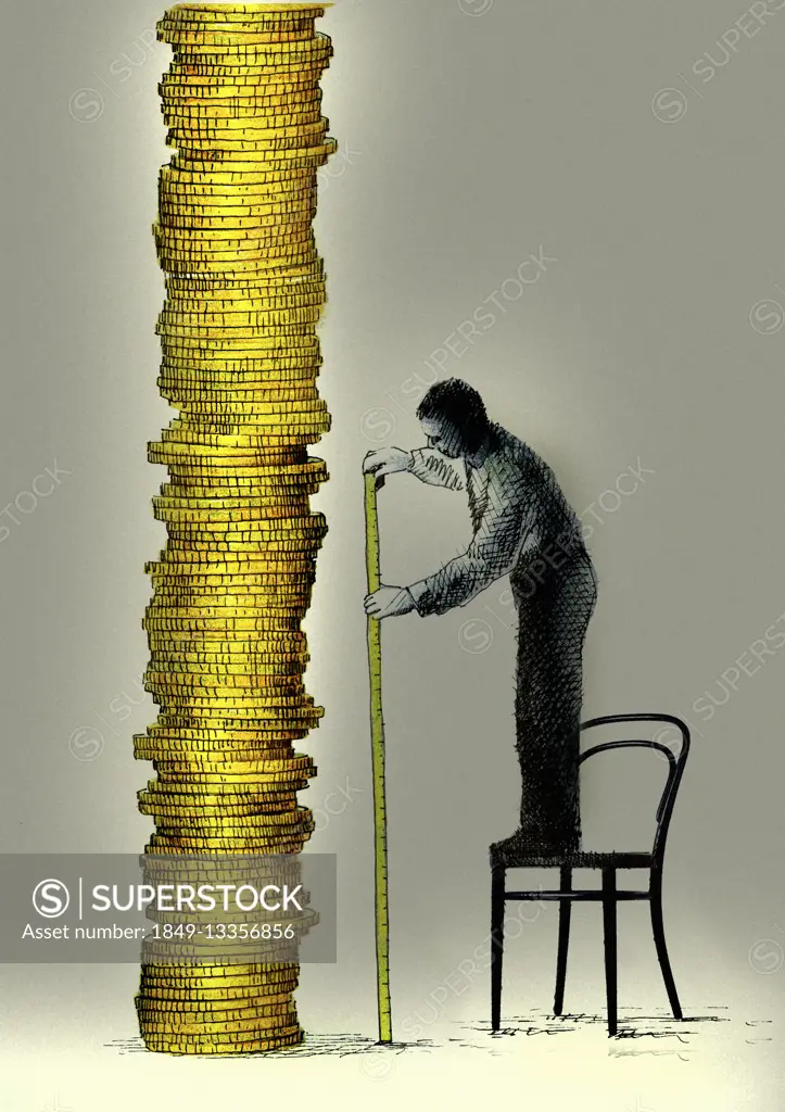 Man standing on chair measuring tall pile of money with tape measure