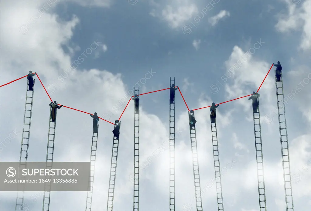 Lots of businessmen standing on top of ladders holding up line graph in the sky