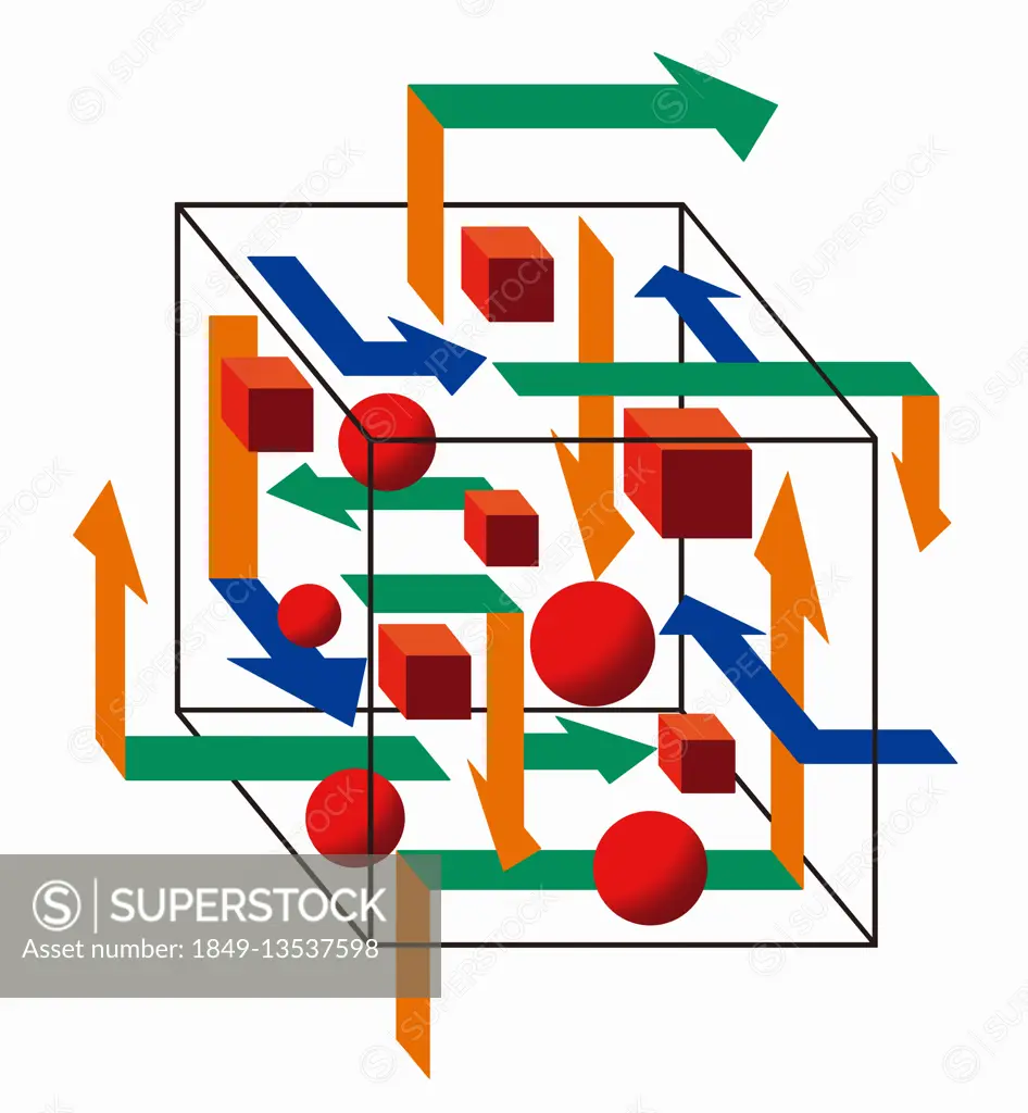 Abstract three dimensional puzzle of sphere and cubes with arrows pointing in different directions