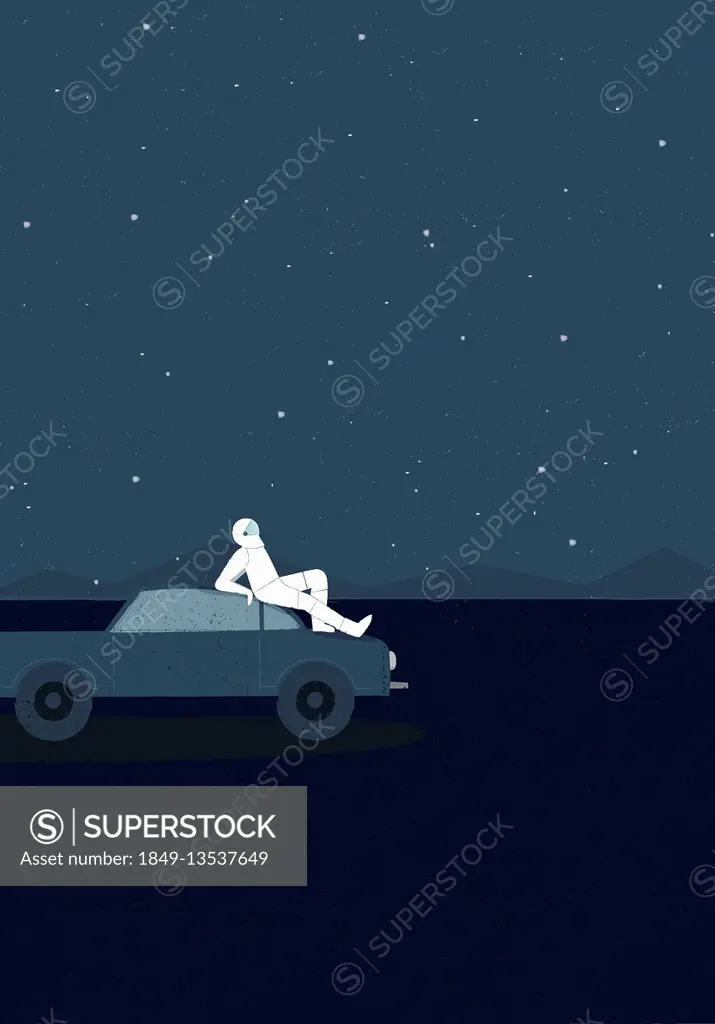 Astronaut wearing space suit lying on top of car looking up at stars