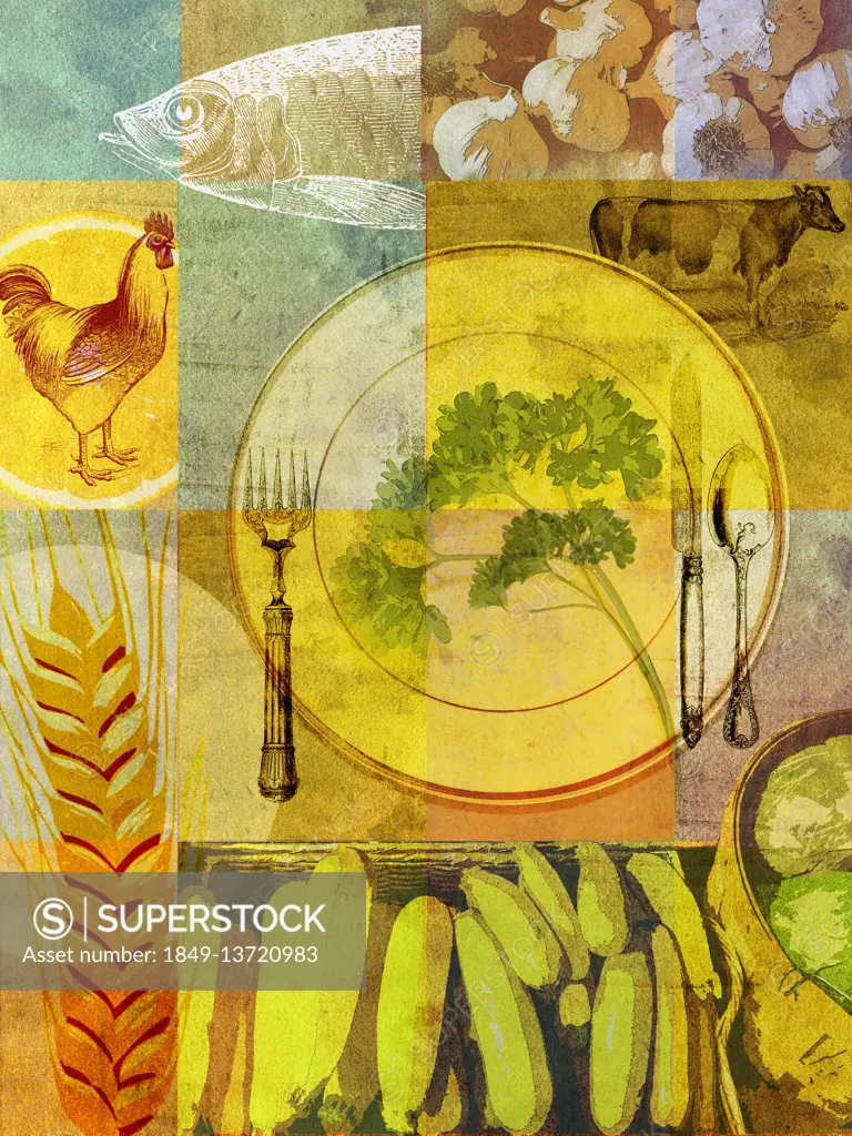 Collage of healthy food and place setting