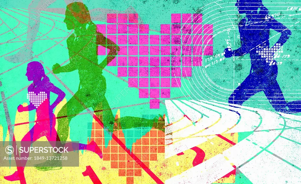 Woman running in healthy fitness collage