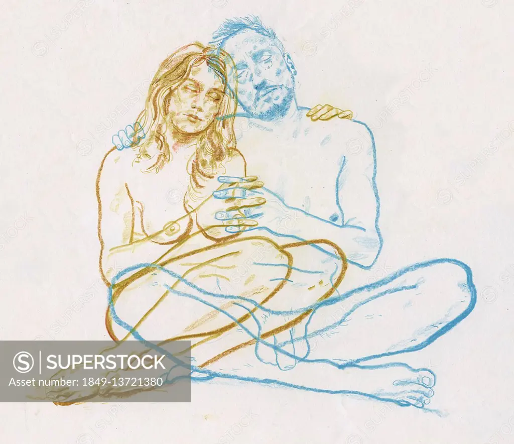 Overlapping drawing of naked couple embracing - SuperStock